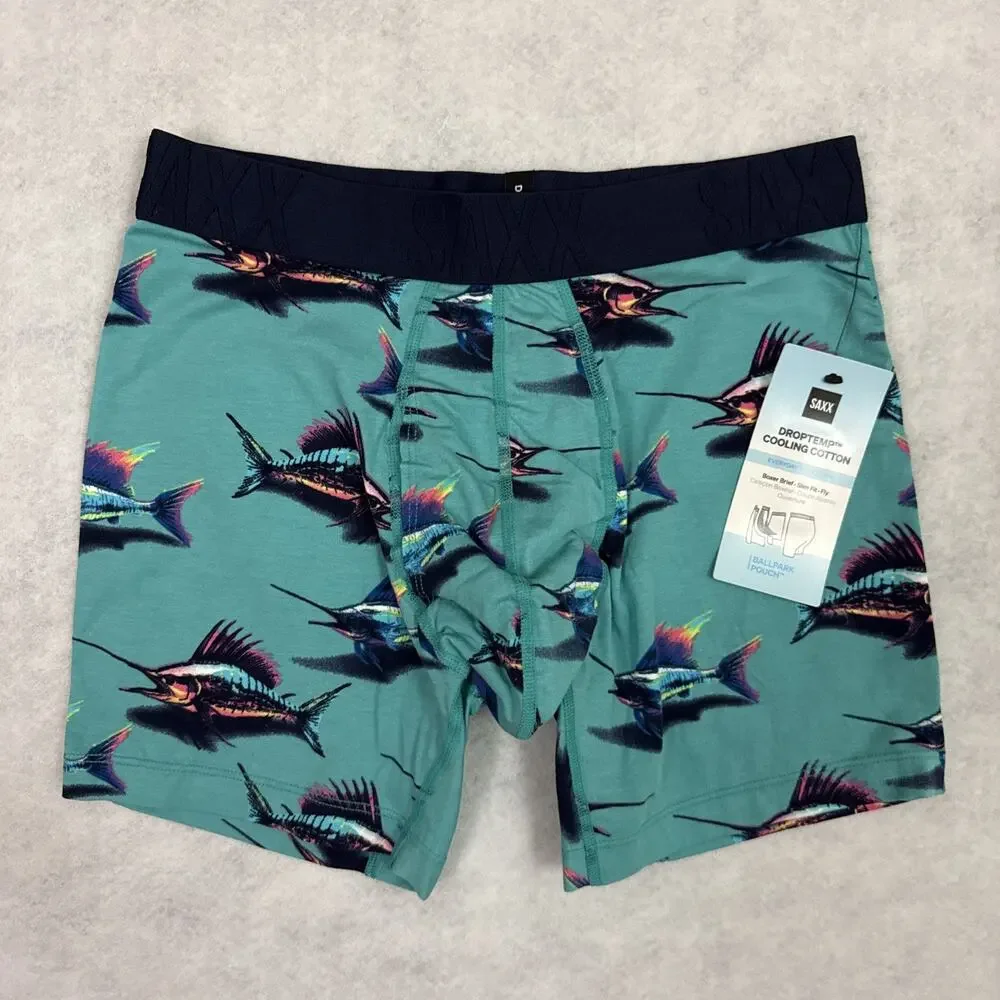 Saxx DropTemp Boxer Briefs Men Small Teal Fish Print Ballpark Pouch NWT